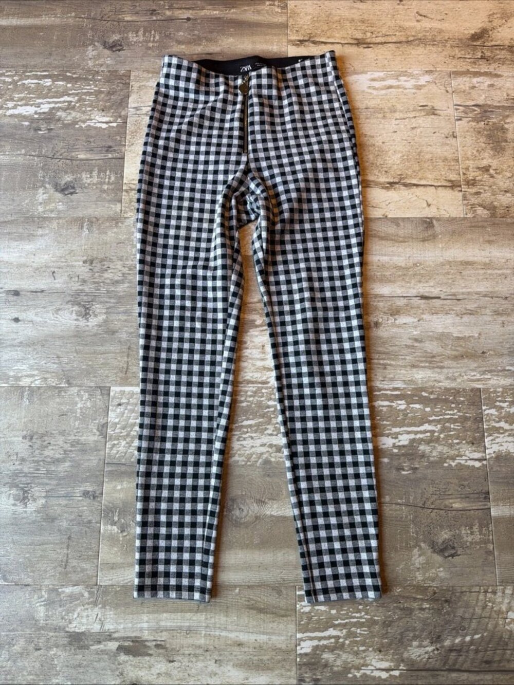 ZARA High Rise Black White Check Plaid Zip Office Pants Women’s Medium